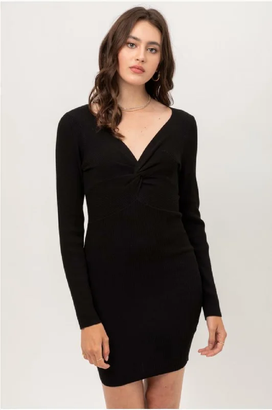 Kelli Black Ribbed Long Sleeve Sweater Dress