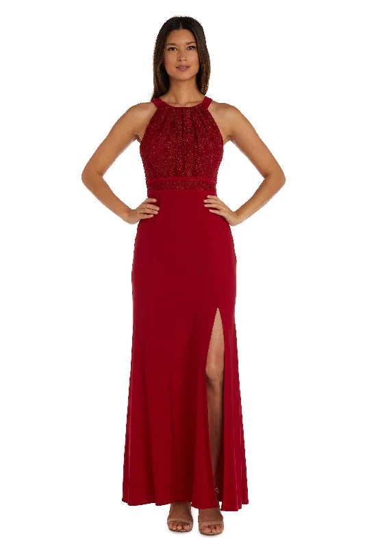 Nightway Long Halter Pleated Lace Formal Gown 21799