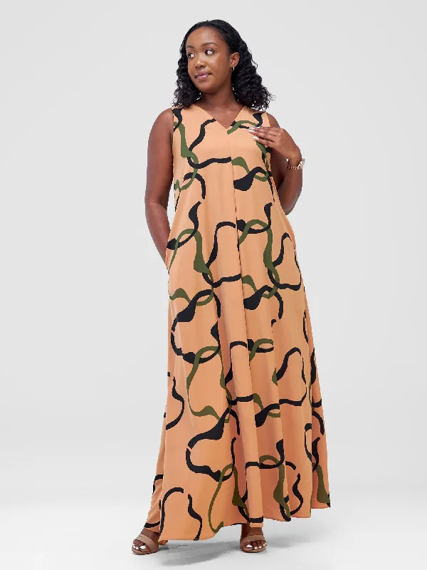 Vivo Ava Front Pleat Maxi Dress - Brown / Black Milo Print