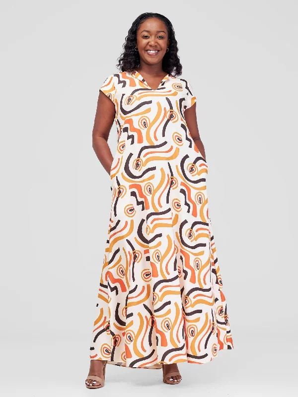 Vivo Zola V Neck Cap Sleeve Maxi Dress - Beige / Brown Kemi Print