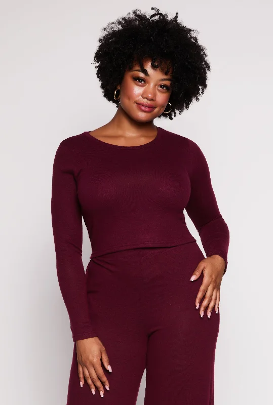 Plus Size Brushed Knit Long Sleeve Crop Top