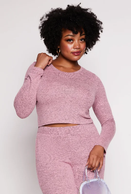 Plus Size Brushed Knit Long Sleeve Crop Top