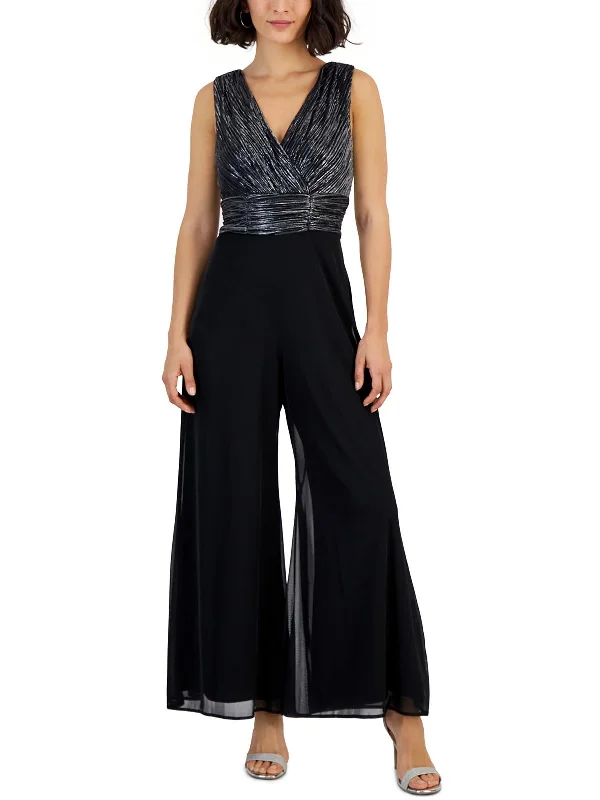 Petites Womens Metallic Jumpsuit