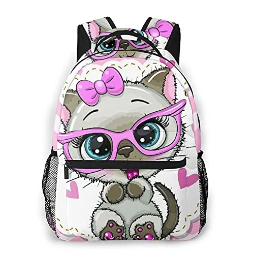 Travel backpack rain covers made of durable nylon materialAdjustable Luggage Straps in Pink with Reflective Stripes for Night TravelCasual Backpack,Cute Cartoon Siamese Kitten Girl In Pink,Business Daypack Schoolbag For Men Women Teen