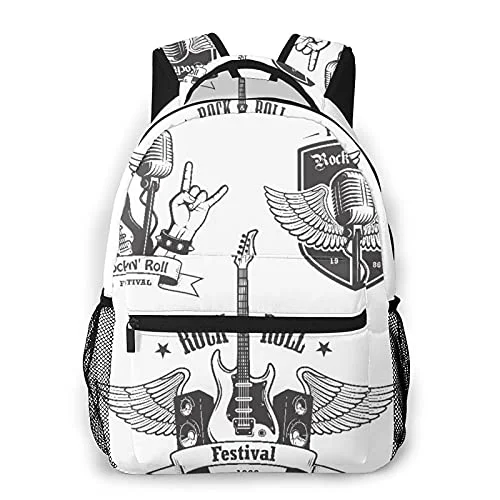 Travel backpack rain covers made of durable nylon materialAdjustable Luggage Straps in Pink with Reflective Stripes for Night TravelMulti leisure backpack,Rock'n'roll Guitar Microphone Musical, travel sports School bag for adult youth College Students