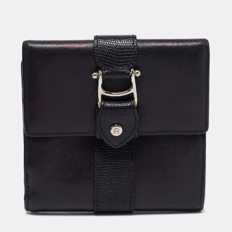 Women's money clip in a pastel color palette​Aigner Black Leather Trifold Compact Wallet
