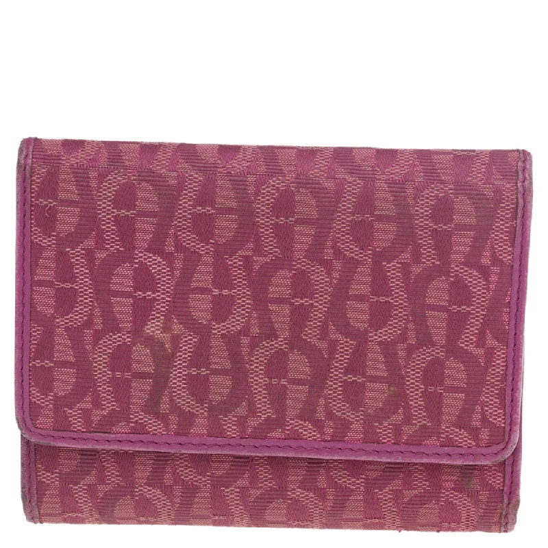 Women's leather money clip with embossed design​Aigner Magenta Signature Canvas And Leather Trifold Wallet