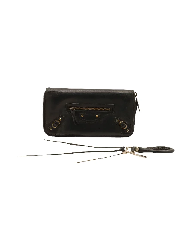 Women's money clip with a fingerprint - resistant finish​Balenciaga Companion Long Zip-Up Wallet in Black Calfskin Leather