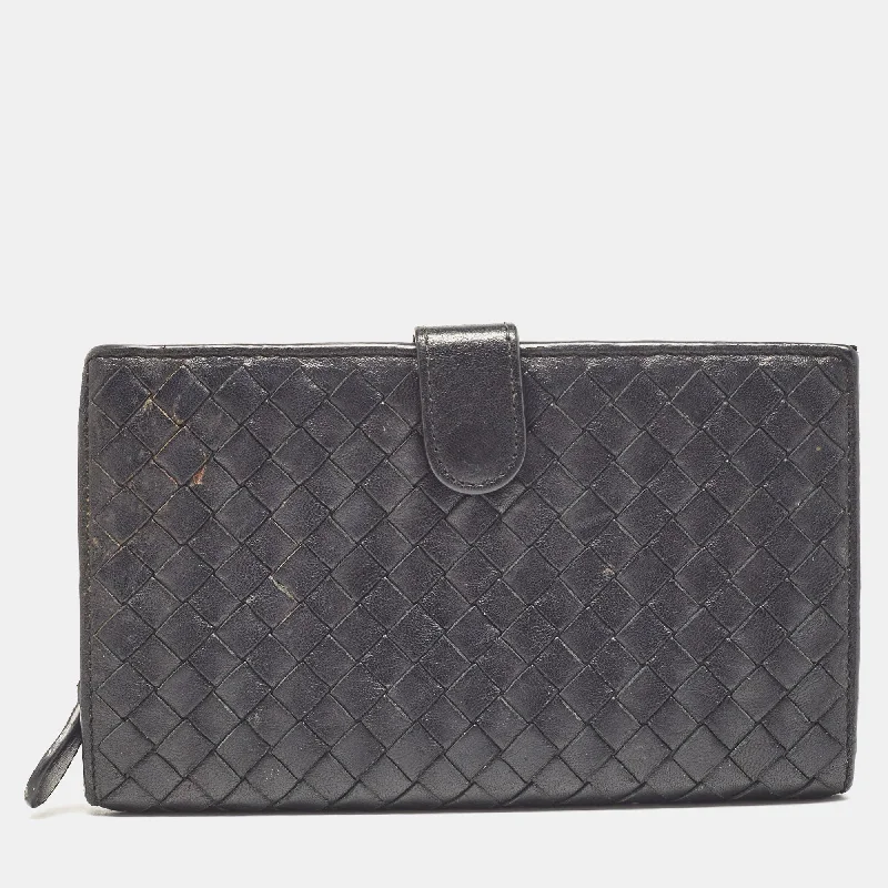 Women's money clip for a back - to - school accessory​Bottega Veneta Black Intrecciato Leather French Flap Wallet