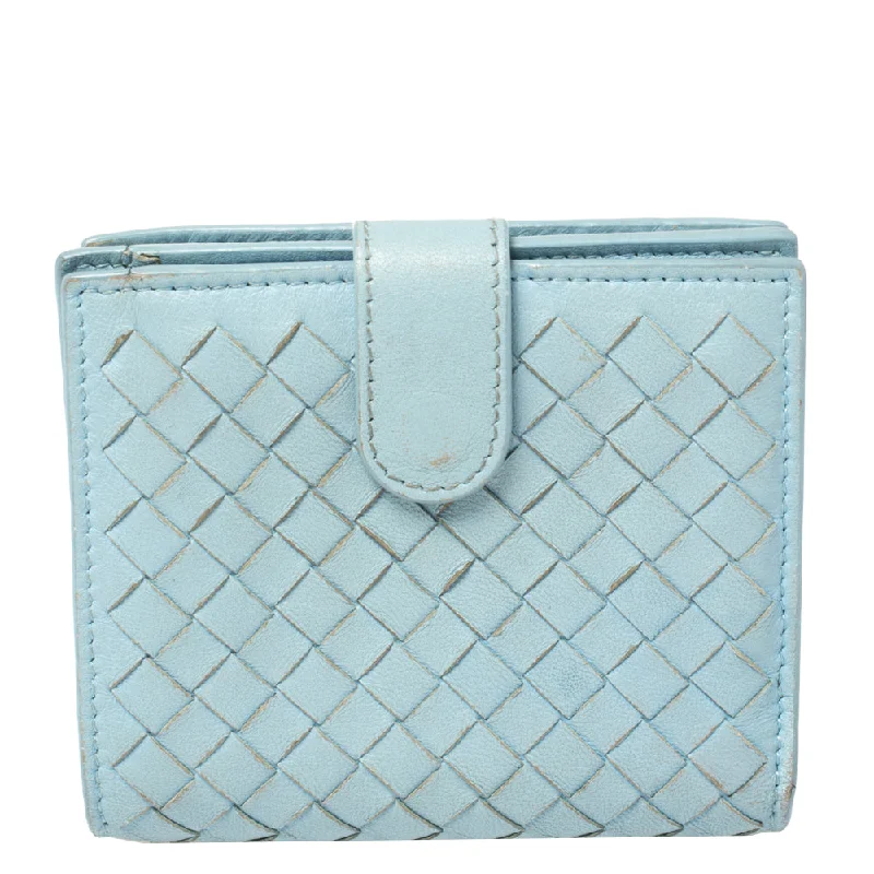 Designer women's money clip for luxury lovers​Bottega Veneta Blue Intrecciato Leather French Wallet..