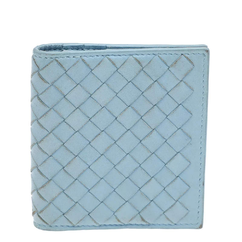 Women's money clip with a floral pattern​Bottega Veneta Light Blue Intrecciato Leather Wallet..