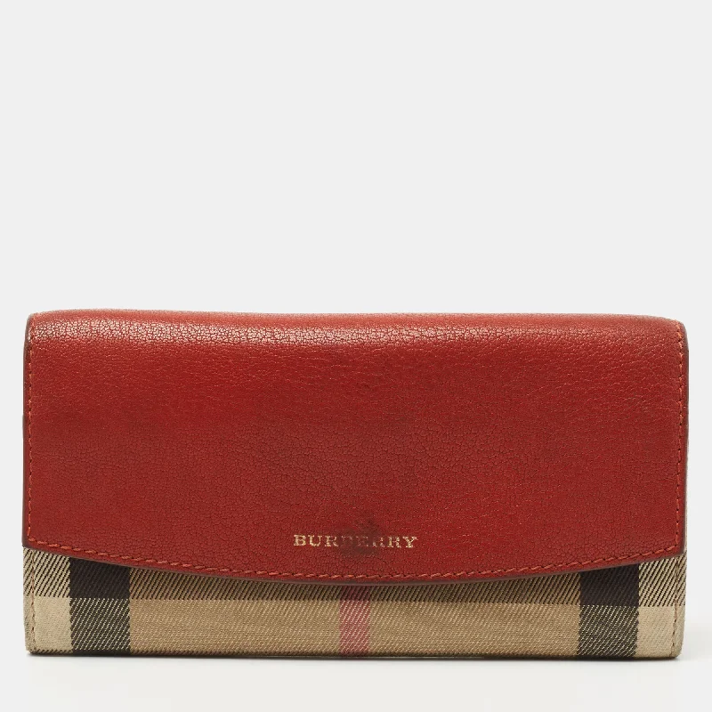 Women's money clip for a sporty - chic outfit​Burberry Brick Brown/beige House Check Canvas And Leather Flap Continental Wallet
