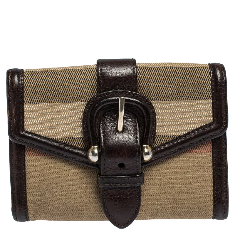Women's money clip with a detachable charm​Burberry Brown/beige Nova Check Canvas And Leather Buckle Compact Wallet..