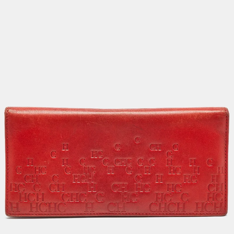 Women's money clip with a secret compartment​Carolina Herrera Red Monogram Embossed Leather Bifold Long Wallet