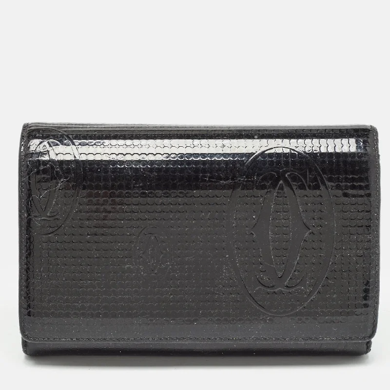 Women's money clip with a keychain attachment​Cartier Black Patent Leather Happy Birthday Compact Wallet