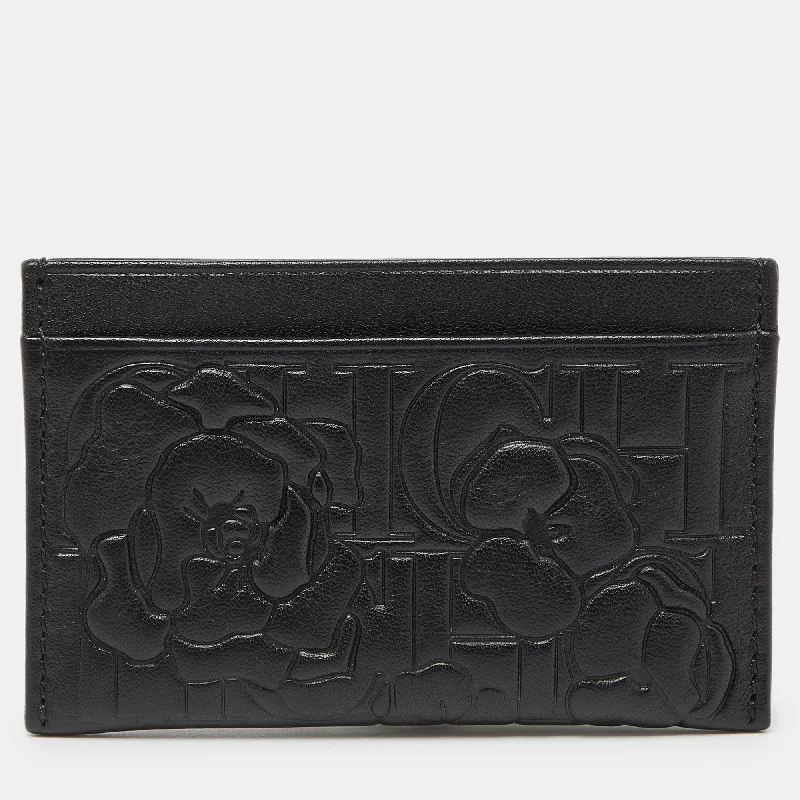 Sustainable women's money clip made from recycled materials​Ch Carolina Herrera Black Monogram Embossed Leather Card Holder