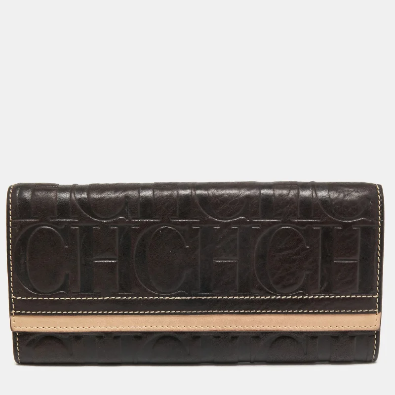 Women's money clip with a braided leather strap​Ch Carolina Herrera Brown/beige Monogram Embossed Leather Continental Wallet