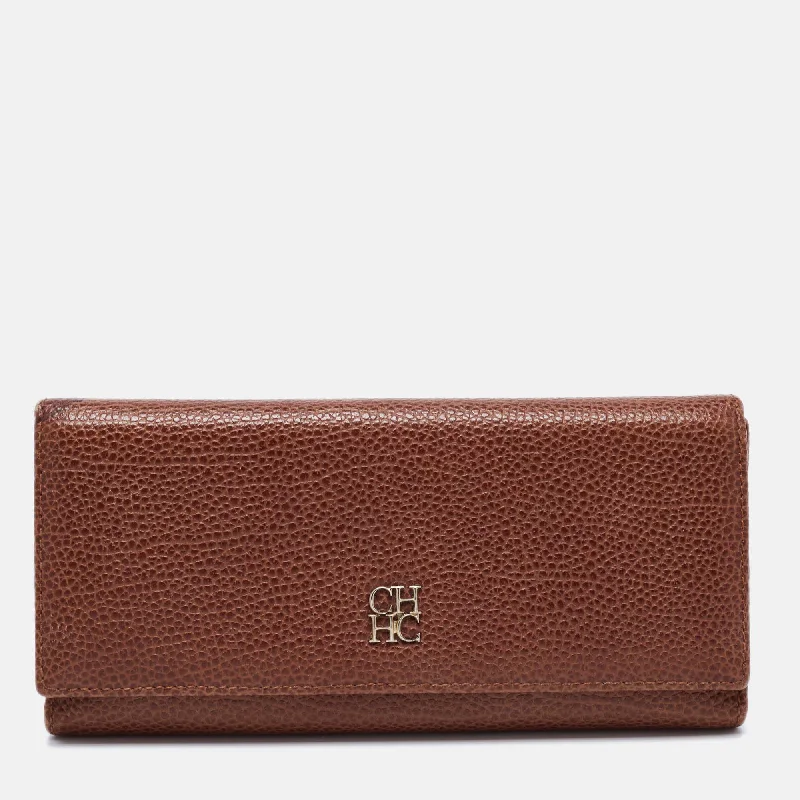 Sustainable women's money clip made from recycled materials​Ch Carolina Herrera Brown Monogram Leather Flap Continental Wallet..