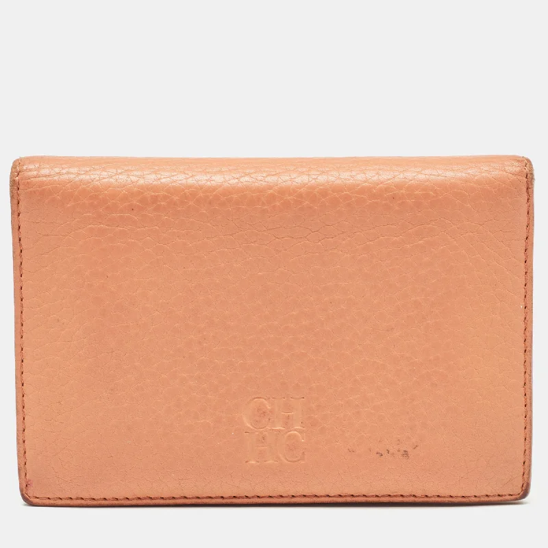 Compact women's money clip for small purses​Ch Carolina Herrera Peach Leather Compact Flap Wallet