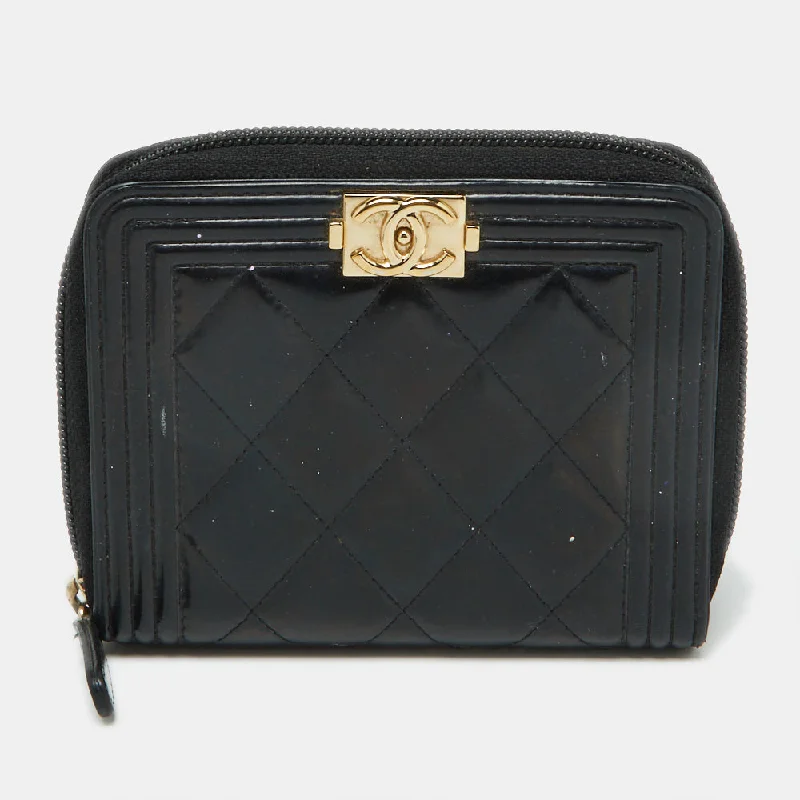 Soft - touch women's money clip for a comfortable grip​Chanel Black Quilted Patent Leather Boy Zip Around Wallet