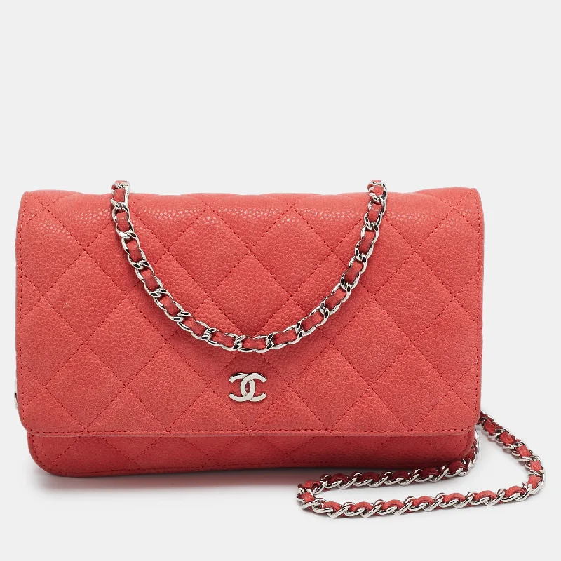 Women's money clip for travel - easy to carry​Chanel Coral Pink Quilted Caviar Leather Cc Flap Wallet On Chain