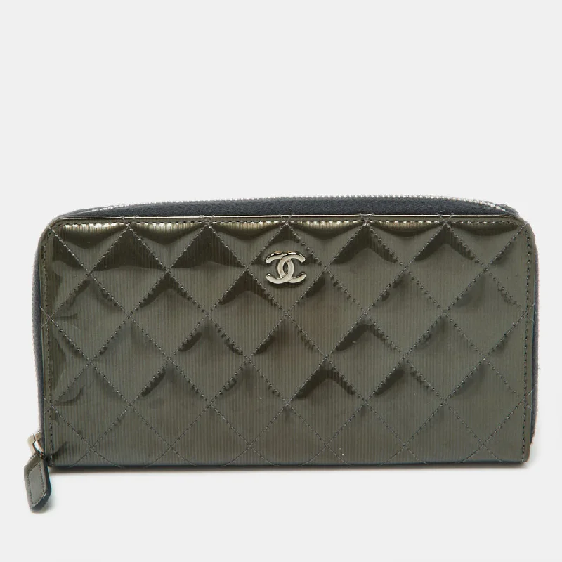 Women's money clip with a zodiac symbol design​Chanel Olive Green Quilted Patent Leather Classic Zip Around Wallet..