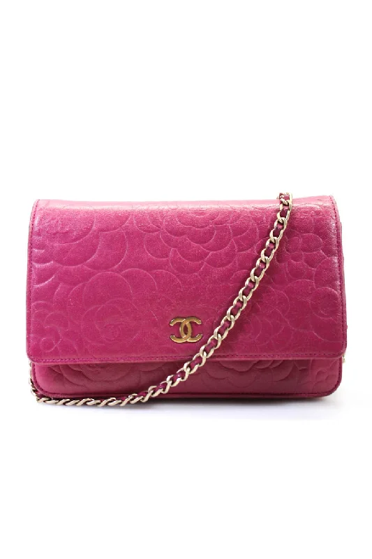 Women's money clip with a leather - wrapped metal core​Chanel Womens CC Lambskin Camellia Embossed Wallet On A Chain Fuchsia