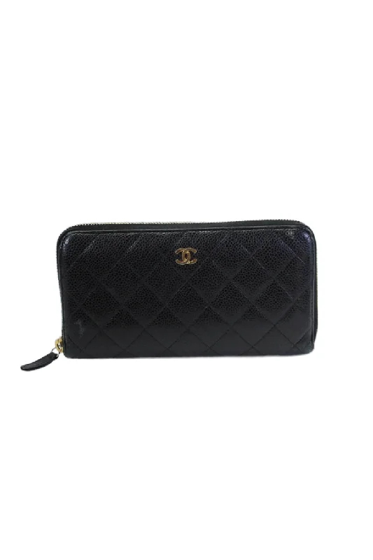 Women's money clip in a pastel color palette​Chanel Womens Leather Quilted Texture Gold Tone Zip Around Wallet Black
