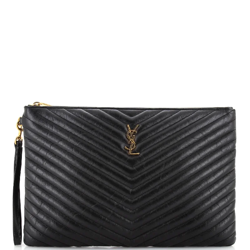 Women's money clip for travel - easy to carry​Classic Monogram Wristlet Pouch Matelasse Chevron Leather Large