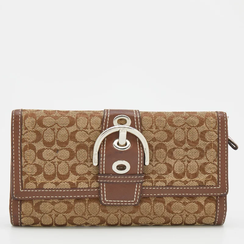 Women's money clip for plus - size handbags​Coach Beige/brown Signature Canvas And Leather Buckle Detail Continental Wallet