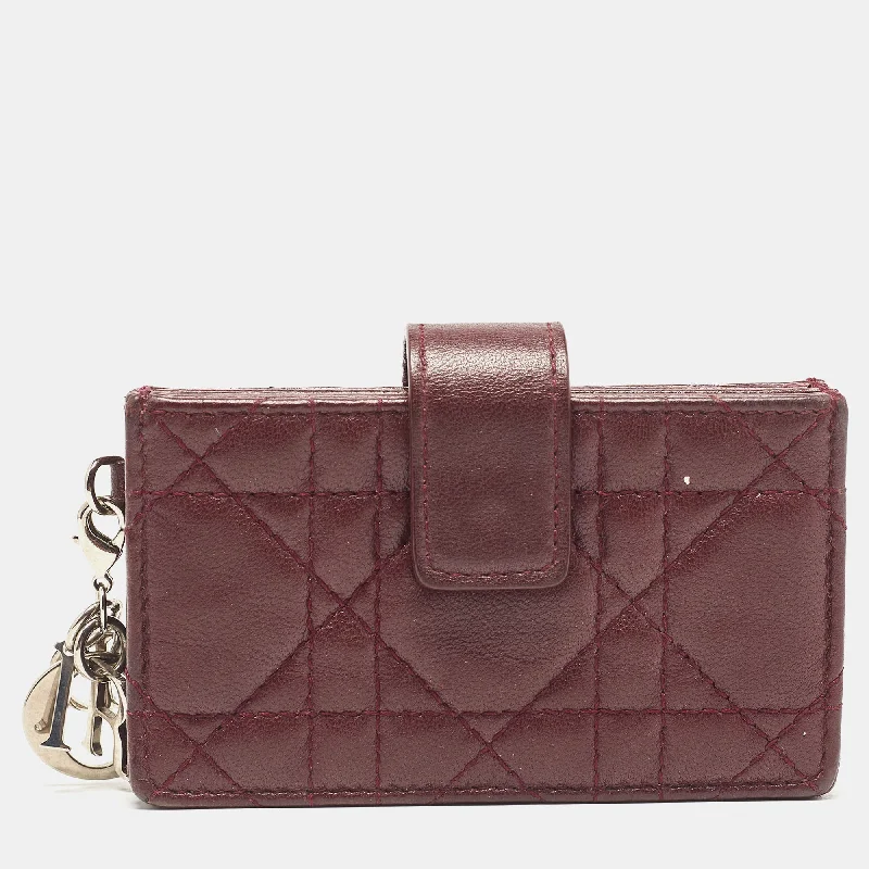 Women's money clip in gold - tone metal​Dior Burgundy Cannage Leather Lady Dior 5 Gusset Card Case