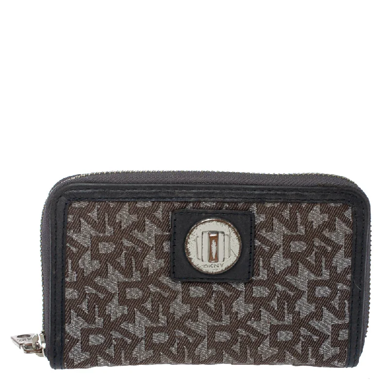 Elegant women's money clip for formal occasions​Dkny Brown/black Monogram Canvas And Leather Zip Around Wallet