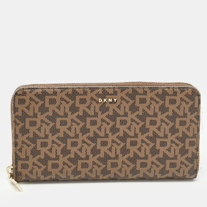 Women's money clip with a floral pattern​Dkny Brown Signature Coated Canvas Zip Around Continental Wallet