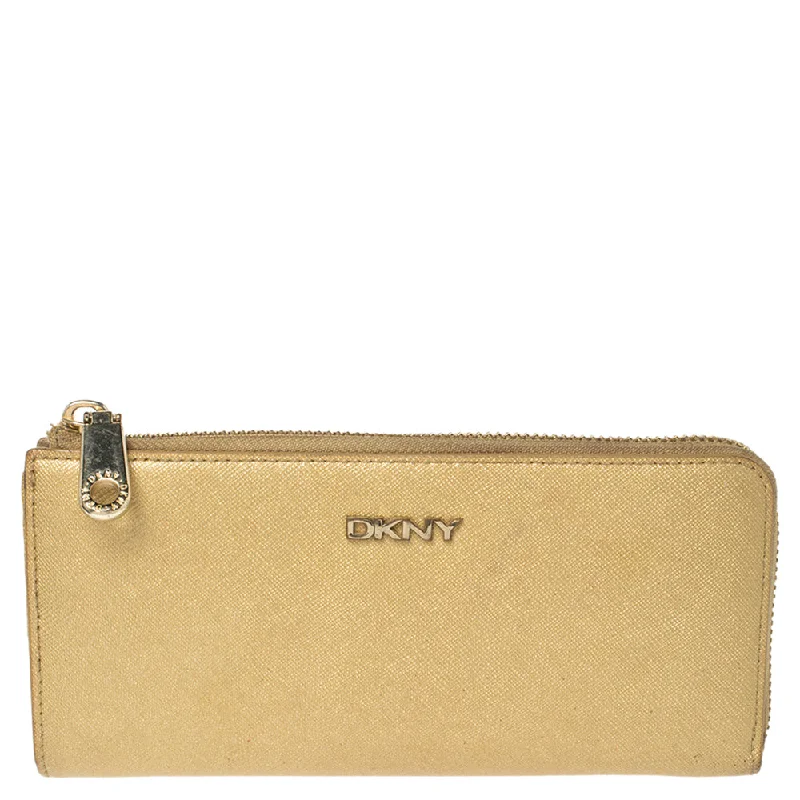 Waterproof women's money clip for beach outings​Dkny Metallic Beige Leather Zip Around Wallet..