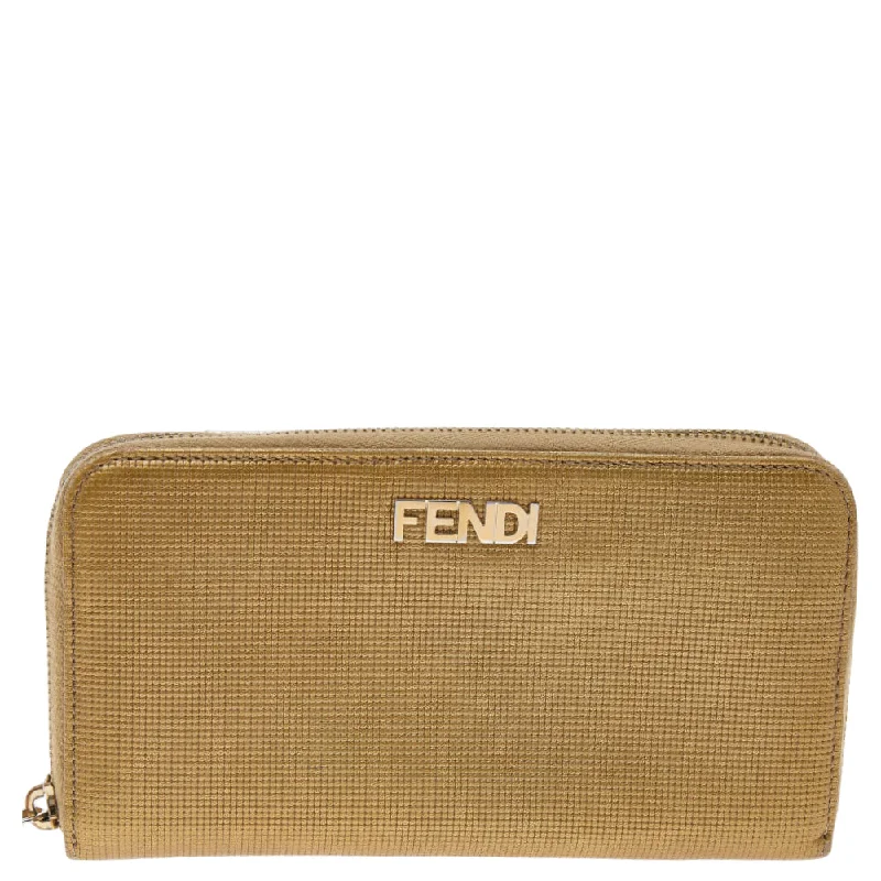 Women's money clip with a swarovski crystal accent​Fendi Gold Embossed Leather Zip Around Wallet