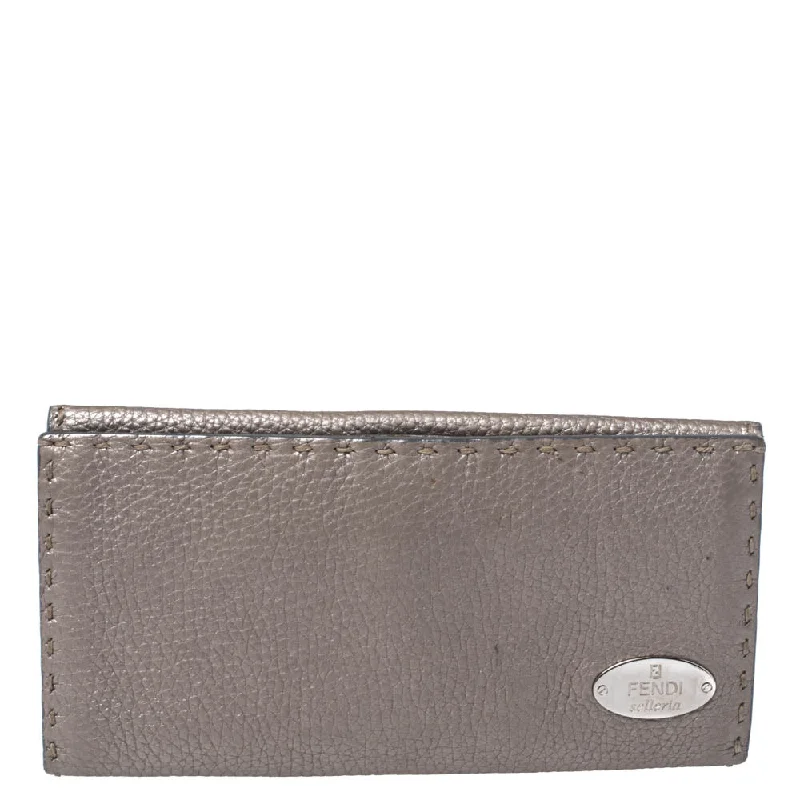 Designer women's money clip for luxury lovers​Fendi Metallic Selleria Leather Continental Wallet