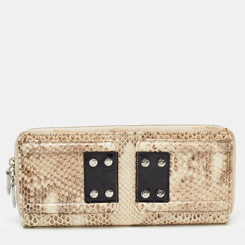 Women's money clip with a swarovski crystal accent​Gianfranco Ferre Beige Watersnake Leather Zip Around Oversized Wallet