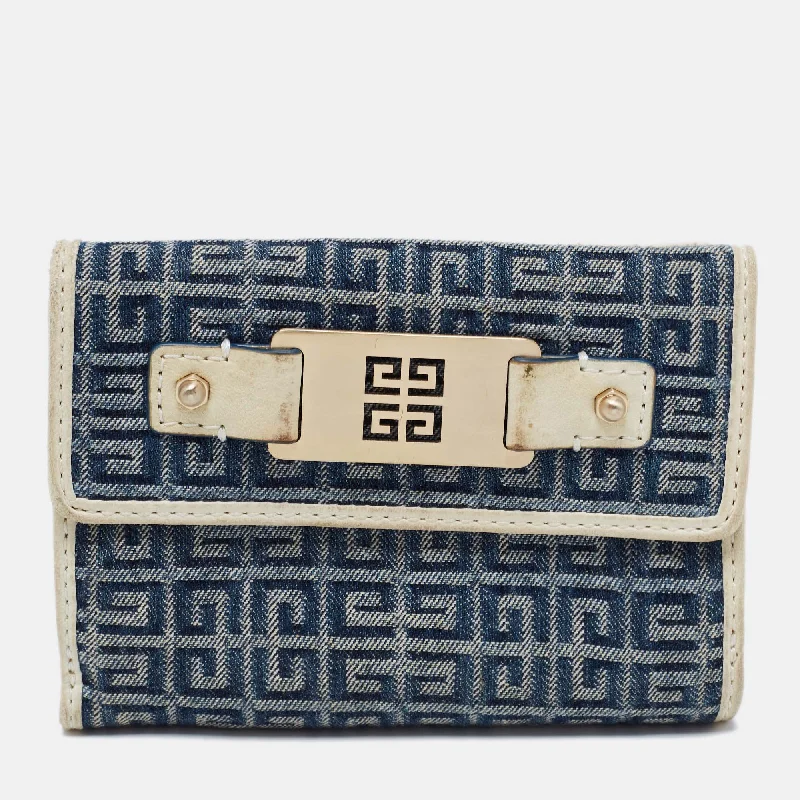 Vintage - style women's money clip for retro enthusiasts​Givenchy Blue/cream Monogram Canvas And Leather Metal Flap Compact Wallet