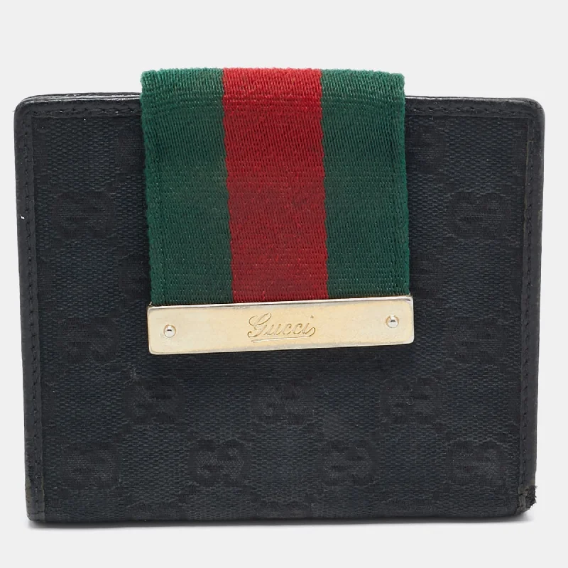 Waterproof women's money clip for beach outings​Gucci Black Gg Canvas And Leather Web Flap French Wallet