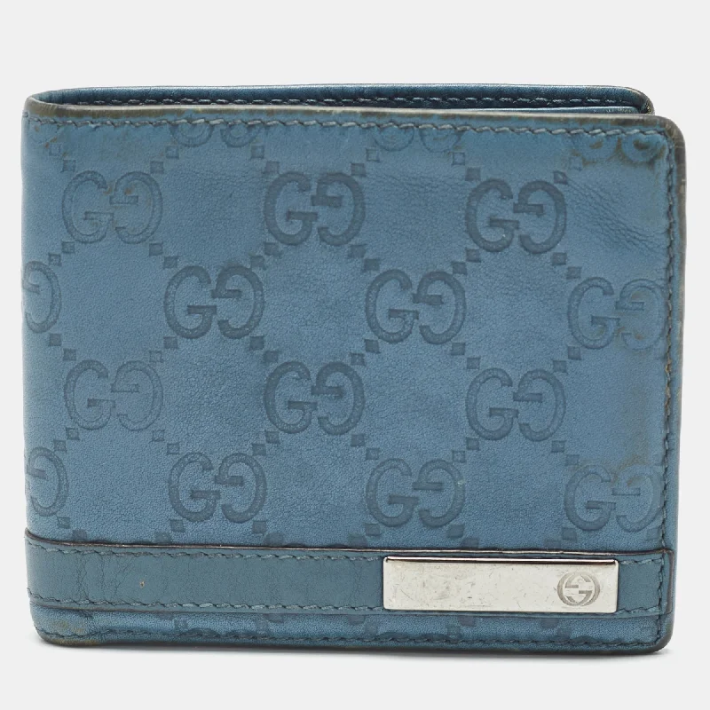 Women's money clip with a swarovski crystal accent​Gucci Blue Guccissima Leather Metal Bar Bifold Wallet