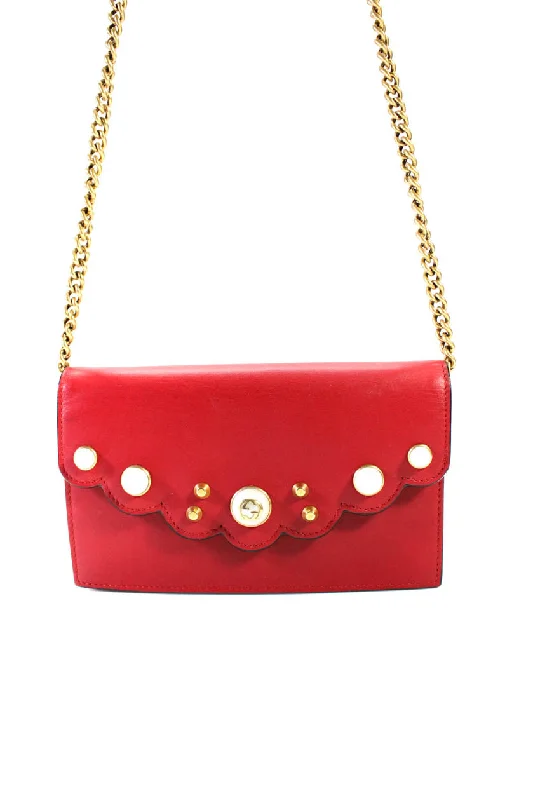 Women's money clip for the modern bohemian style​Gucci Womens Scalloped Peony GG Pearly Wallet On Chain Red Leather