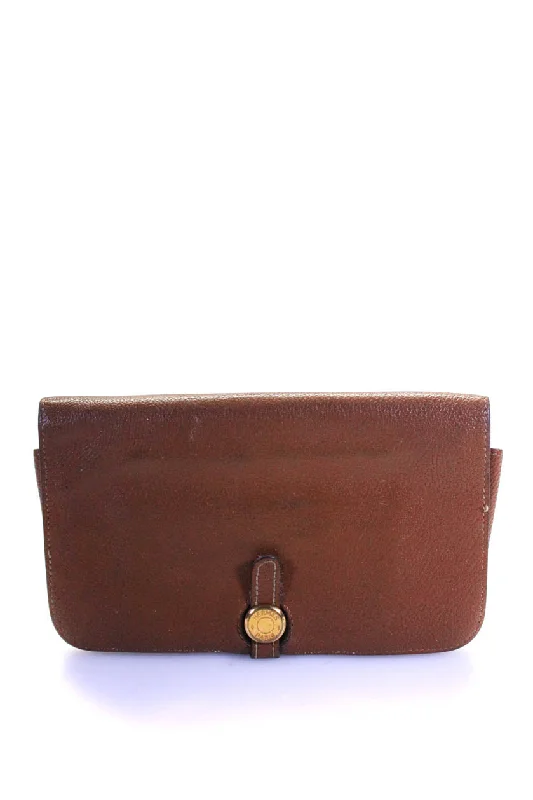 Women's money clip for plus - size handbags​Hermes Womens Dogon GM Togo Leather Button Wallet Clutch Fauve Brown