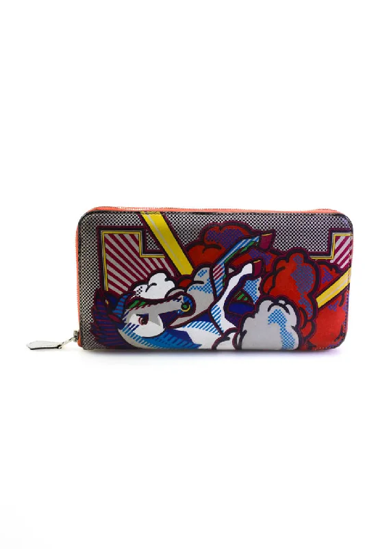 Women's money clip with a keychain attachment​Hermes Womens Zip Around Pegasus Print Leather Continental Wallet Multicolor