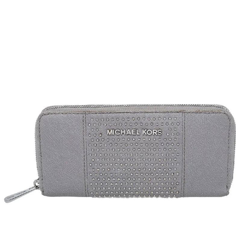 Women's money clip with a leather - wrapped metal core​Michael Kors Grey Saffiano Leather Micro Stud Travel Zip Around Wallet..