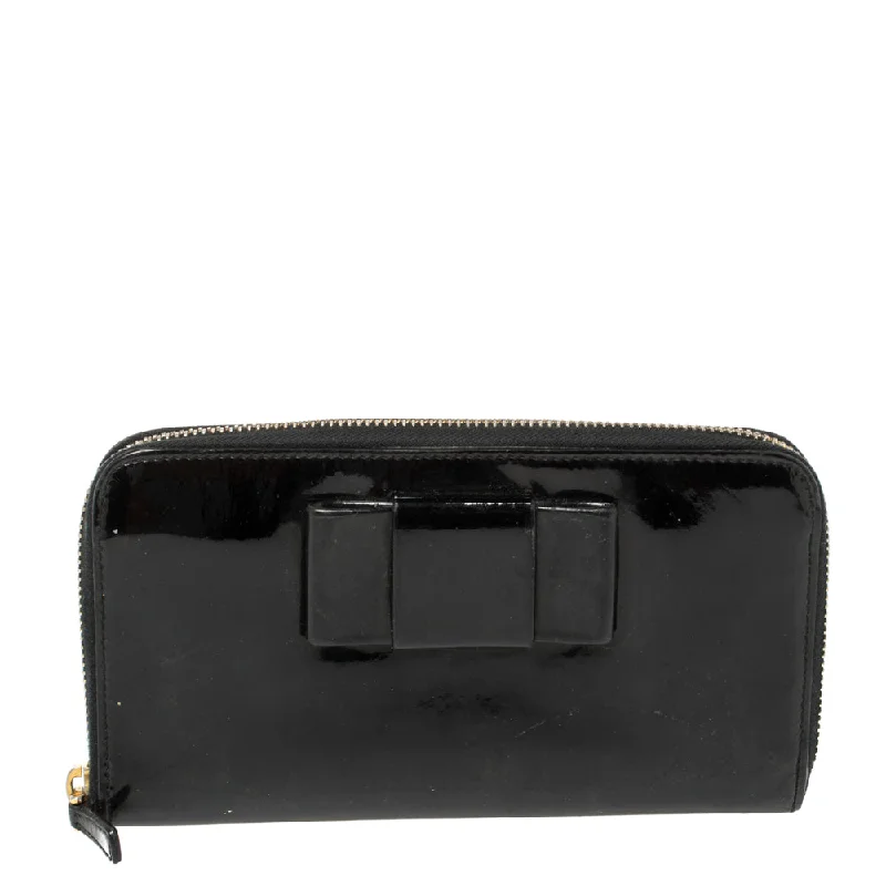 Women's money clip for minimalist fashionistas​Miu Miu Black Patent Leather Bow Zip Around Wallet