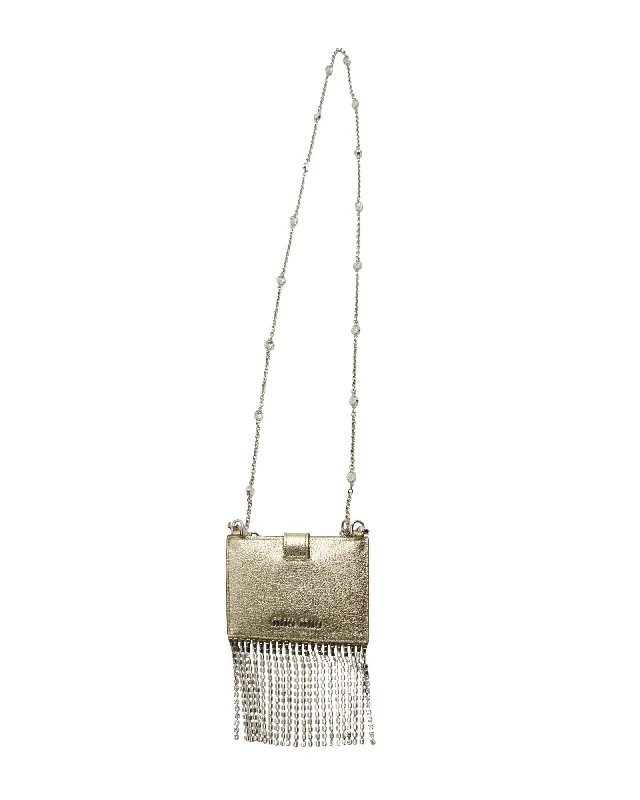 Women's money clip with a heart - shaped cutout​Miu Miu Madras Card Holder with Crystal Fringe in Silver Goatskin Leather
