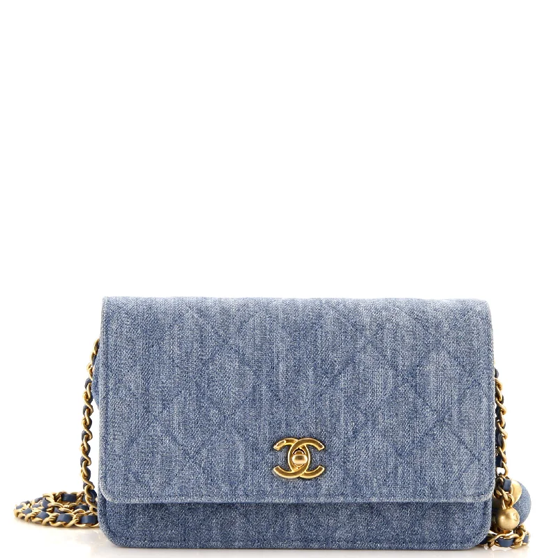 Women's money clip for a sporty - chic outfit​Pearl Crush Wallet on Chain Quilted Denim