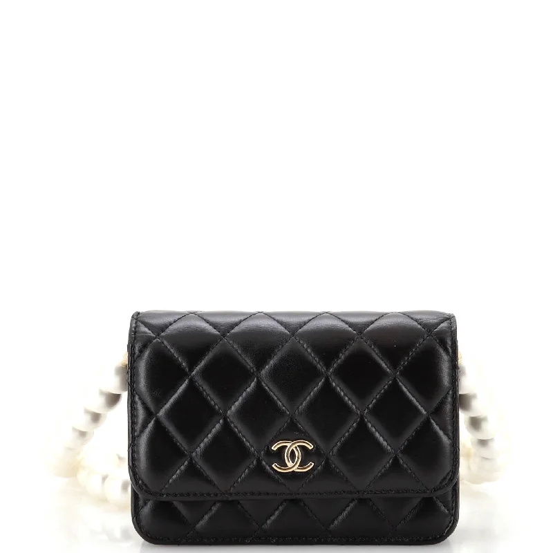 Women's money clip in a metallic sheen finishPearl Strap CC Wallet on Chain Quilted Calfskin Mini Women's money clip in a metallic sheen finishPearl Strap CC Wallet on Chain Quilted Calfskin Mini