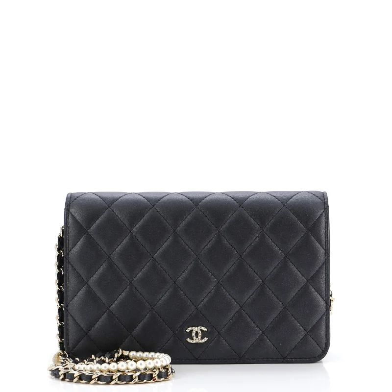 Women's money clip for travel - easy to carryPearl Strap Wallet on Chain Quilted Iridescent Lambskin Women's money clip for travel - easy to carryPearl Strap Wallet on Chain Quilted Iridescent Lambskin