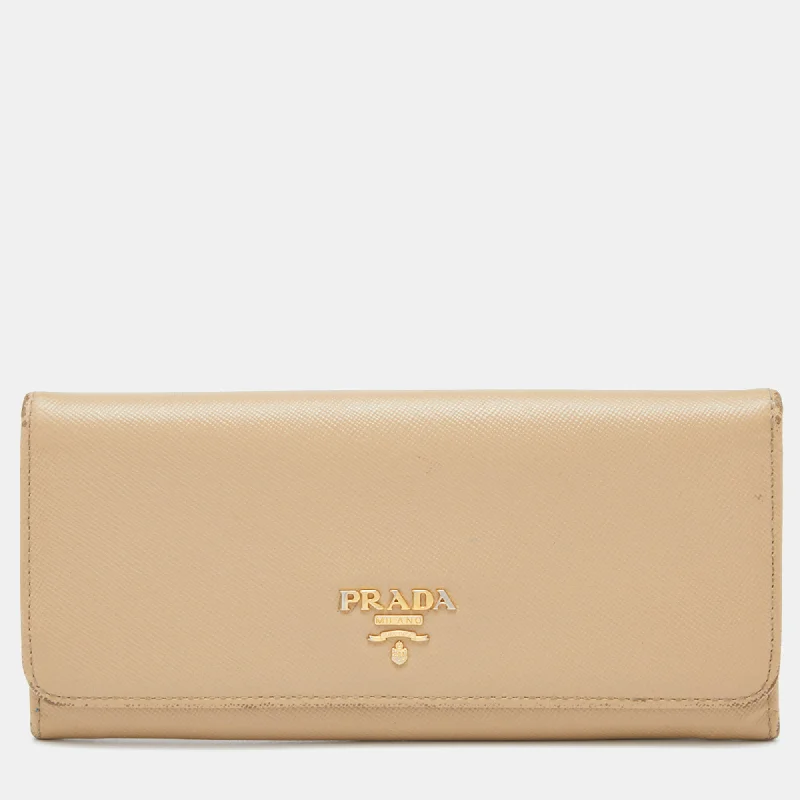 Women's money clip in gold - tone metal​Prada Beige Saffiano Leather Flap Continental Wallet